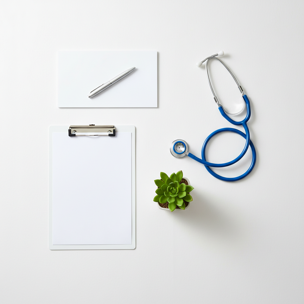 Mesa de trabalho médico organizada - Clínica No Bairro